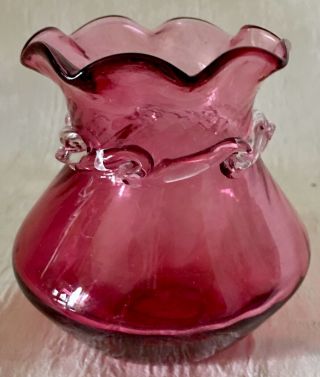 Vintage Hand Blown Fenton Cranberry Glass Vase Slight Swirl Ruffled Edge,  Pontil