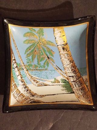 Vintage Small Glass Dish Palm Trees Ocean And Beach 2 - 1/2 " X 2 - 1/2 "