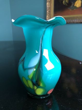 Art Glass Hand Blown Turquoise Swirl White Cased Ruffled Vase