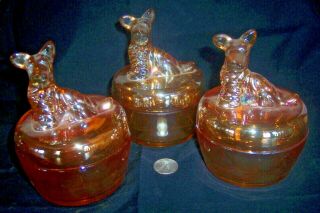 Set Of 3 Vintage Jeannette Glass Powder Jars Scotty Dog Marigold 1940s
