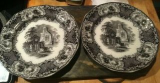 Pair 19c W.  Adams And Sons Abbey Black Transfer Porcelain Dinner Plates