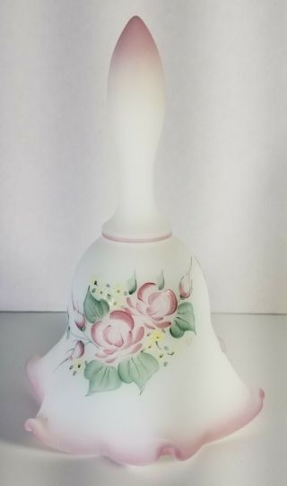 Fenton Custard Satin Glass Bell W/ Label Handpainted Floral Design