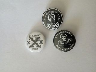 3 X Straight Edge Buttons (25mm,  Badges,  Pins,  Punk,  Vegan,  Patch,  Oi,  Hardcore)
