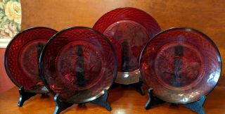4 Pc Vintage Arcoroc Ruby Red Glass Plates France 3 8 " 1 10 "