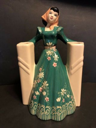 Vintage Weil Ware California Pottery Woman Figurine W/ 2 Side Bud Vases 11 Inch