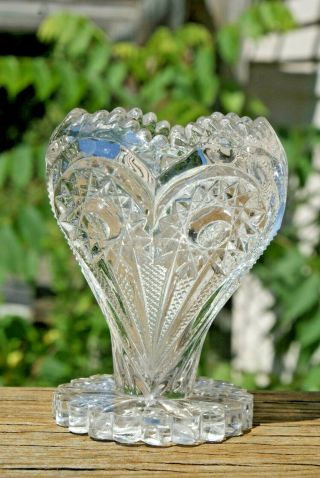 Antique Vintage 5 " Sawtooth Etched Cut Glass Crystal Vase Elegant