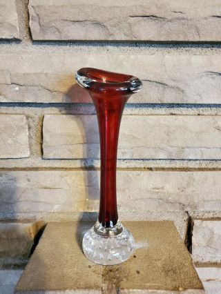 Murano Sommerso Ruby Red Bud Vase With Controlled Bubbles In Clear Base