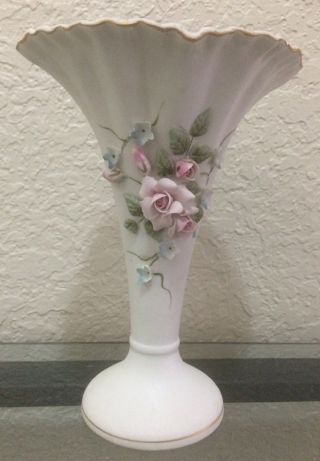 Lefton China Flower Rose White Vase 1195 Vintage Hand Painted Porcelain 7 " Japan