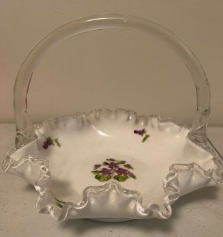 Vintage Fenton White Glass Hand Painted Violets Clear Scalloped Edge Basket