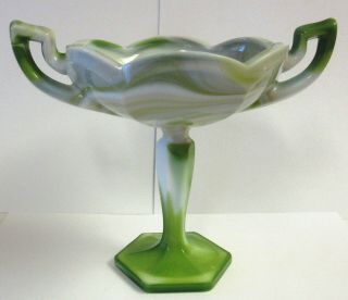 Lovely Vintage Westmoreland Green & White Swirled Slag Glass Compote,  Usa