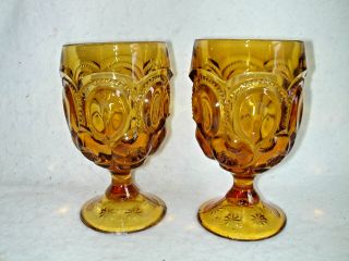Set Of 2 Vintage L.  E.  Smith Moon & Stars Amber 12 Ounce Goblets 5 7/8 "