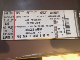 Elton John Farewell Tour Ticket Stub Oracle Arena Oakland 1/18/19