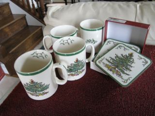 Spode Christmas Tree Set Of 4 Mugs & 6 Pimpernel Coasters