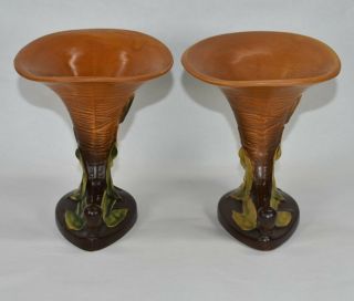 Vintage Roseville Pottery Water Lily Brown Cornucopias 177 - 6 4
