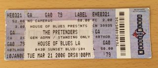 2006 The Pretenders Hollywood Concert Ticket Stub Pirate Radio Chrissie Hynde