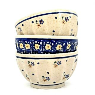 Set Of 3 Boleslawiec Polish Pottery Ribbed Soup/cereal/ Rice Bowls