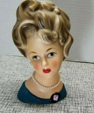 Vintage Ardco Blue Eye Blond Hair Lady Head Vase Pearls Brooch