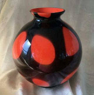 Vintage Orange Brown/black Cased Art Glass Ball Vase Czechoslovakia Czech Signed