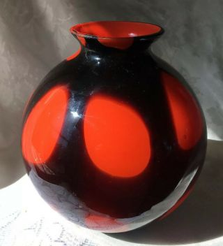 VINTAGE Orange Brown/Black Cased ART GLASS Ball Vase CZECHOSLOVAKIA CZECH Signed 2