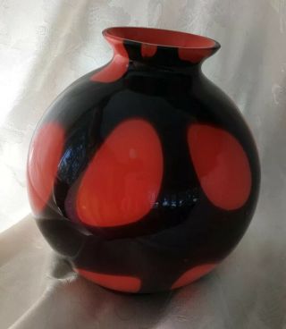 VINTAGE Orange Brown/Black Cased ART GLASS Ball Vase CZECHOSLOVAKIA CZECH Signed 3