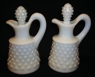 2 Vintage Fenton White Milk Glass Hobnail 4 ½” Oil Vinegar Handled Cruets Set