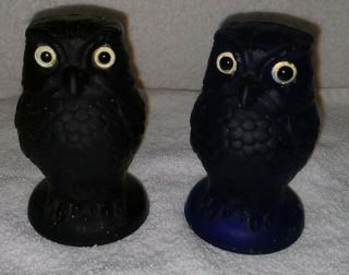 2 Vintage Summit Art Glass Owl Paperweight Figurines.  Black & Cobalt Blue