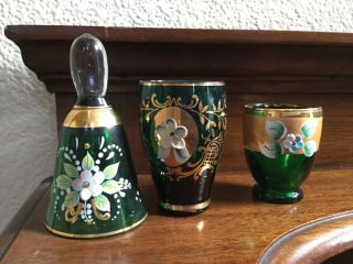 Vintage Green Murano Glass With Gold Tone And Raised Flowers Italy