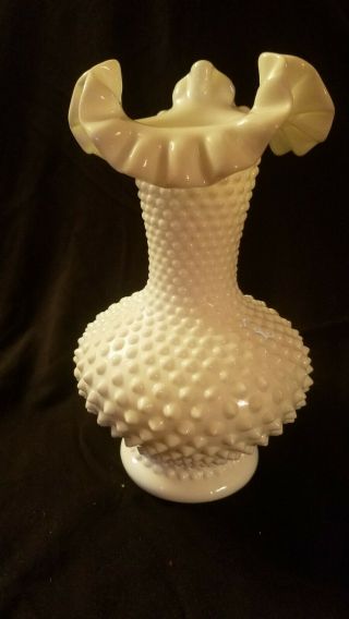 Large " Fenton " White Milk Glass Hobnail Vase 11 " Tall