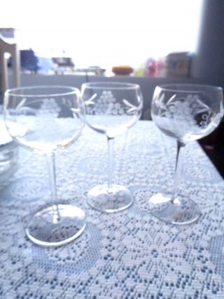 Set Of 3 Vintage Etched Crystal Glass Etched Grape Pattern Goblets