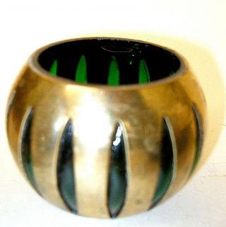 Vintage Brass Caged / Cased Green Art Glass Candleholder