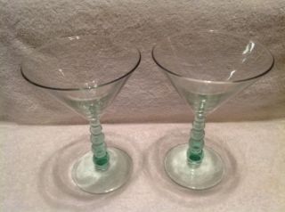 2 Libbey Rock Sharpe Metropolis Martini Glasses W/ Light Green 5 Ball Stem