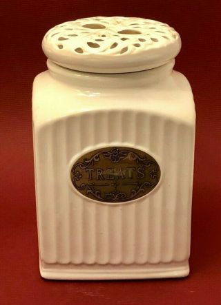 Thl Off - White Farmhouse French Shabby Chic With Reticulated Top Treats Canister