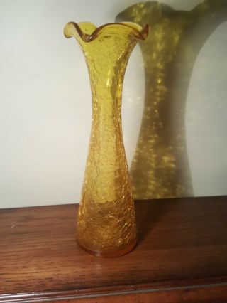 Vintage Blenko Crackle Glass 8” Yellow/gold/amber Bud Vase.
