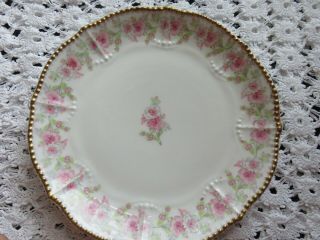 Vintage Limoges Elite France Porcelain Plate Pink Floral Raised Gold Dots