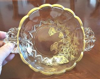 Pretty 8 " Clear Double Handle Glass Candy Nut Serving Bowl Dish Gold Floral