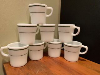 Vintage 1950s Pyrex Milk Glass Coffee Cups Mugs Green Stripes Set Of 4 Ex Cond