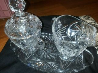 Vintage American Brilliant Crystal Cut Glass Pinwheel Lidded Sugar And Cream Set