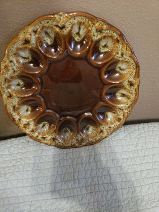 Vintage Pottery Brown Drip Glaze Deviled Egg Serving Plate Platter