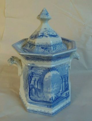 Antique Lt Blue Transferware Sugar Bowl Handles Lid Marked " P " Circa 1800s