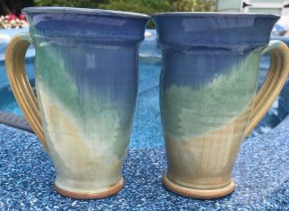 Handmade Pottery Coffee Mug 6.  5 " Tall Signed By Artist " Blue Green/tan