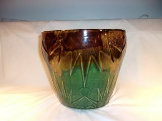 Vintage 8 " Mccoy Usa Moon & Sun Brown & Green Drip Glaze Pottery Planter Pot