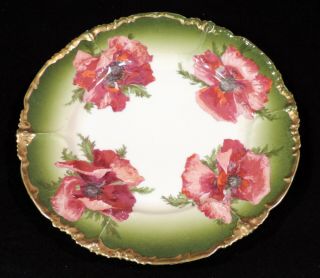 Jean Pouyat Limoges Plate Red Flowers Green Leaves Scalloped Gold Trim France