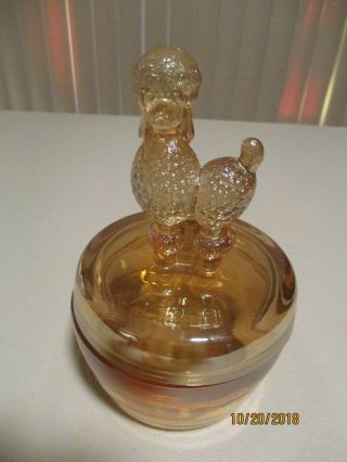 Vintage Jeannette " French Poodle " Marigold Iridescent Glass Powder Jar 1930 - 50s.