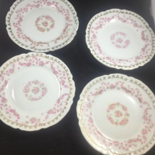 Set Of 4 German Limoges Style Plates Gold Trim Pink Roses