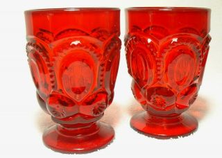 Set Of 2 Ruby Red Glass Moon And Star Footed Tumblers 4 1/4 " Tall 6 Oz