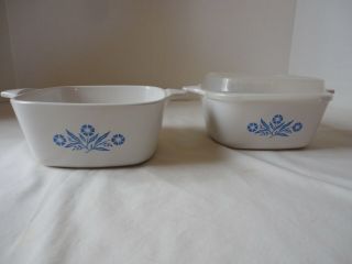 2 Corning Ware Blue Cornflower 2 3/4 Cup Casserole Dishes & 1 Plastic Lid Vtg