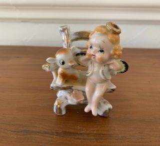 Vintage 1950’s Porcelain Figurine Japan Angel Little Girl Sitting With Fawn