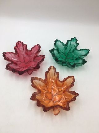 Vintage Candy/relish Dish In Maple Leaf Shape Set Of 3 Orange Red Green