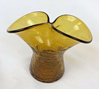 Vintage Blenko Amber Crackle Glass Pinch Ivy Vase 3 3/4 " With Silver Sticker