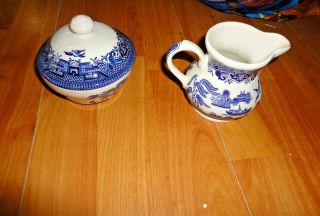 Churchill Blue Willow Sugar Bowl With Lid And Creamer Set England -
